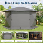 13x13FT 6-Sided Pop Up Gazebo Tent，One-Push Setup Canopy Tent with Removable Canopy Top & Wind Cloths, Outdoor shelter for Camping, Backyard Parties, Outdoor Events - Grey