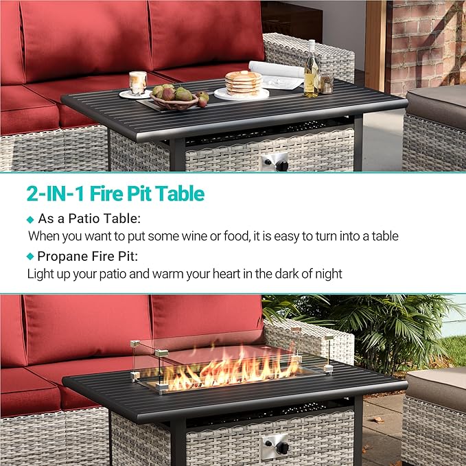 7-Piece Outdoor Patio Furniture Set with 55,000 BTU Fire Pit Table, PE Wicker Rattan Sectional Sofa Patio Conversation Set with Thickened Cushions & Coffee Table, Red