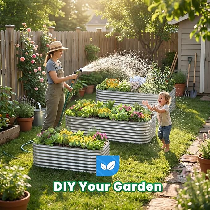 Quictent Raised Garden Bed Kit Oval Galvanized Metal Planter Box Tall for Vegetables Outdoor Backyard, Strengthened by Crossbar, Silver 8x4x1.5 ft