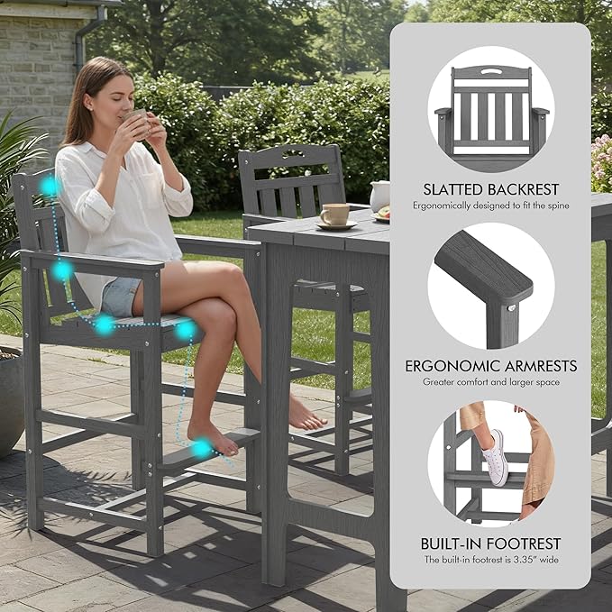 Ciokea 3 Pcs Outdoor Bar Height Table Set, 60" Extra Long Rectangle High Top Table and 2 Oversized Adirondack Chairs Set, Heavy-Duty All-Weather HDPE Patio Bar Set for Backyard Balcony Deck,Grey