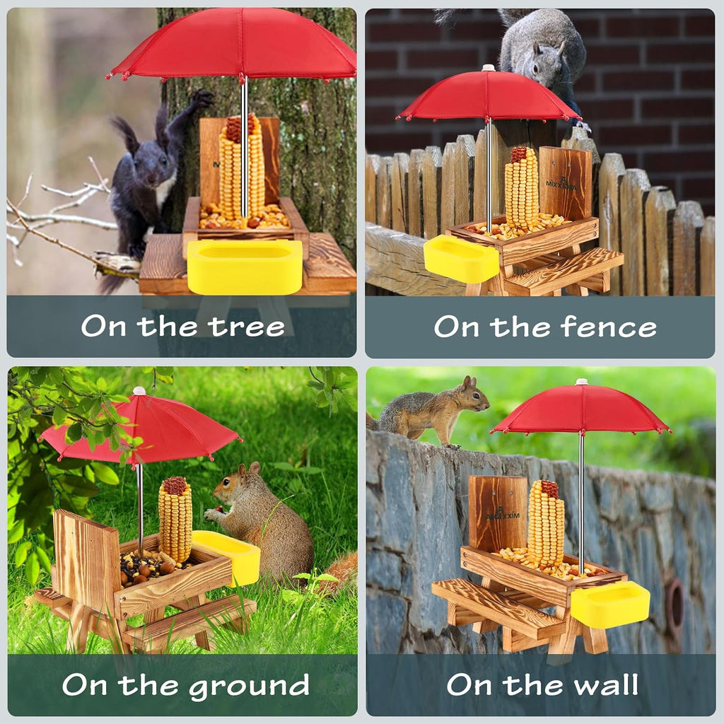 Wooden Squirrel Feeder Table with Water Bowl, Squirrel Picnic Table for Outside with Umbrella, Brown Squirrel Feeder with Corn Cob Holder Cute Chipmunk Feeder (Brown)