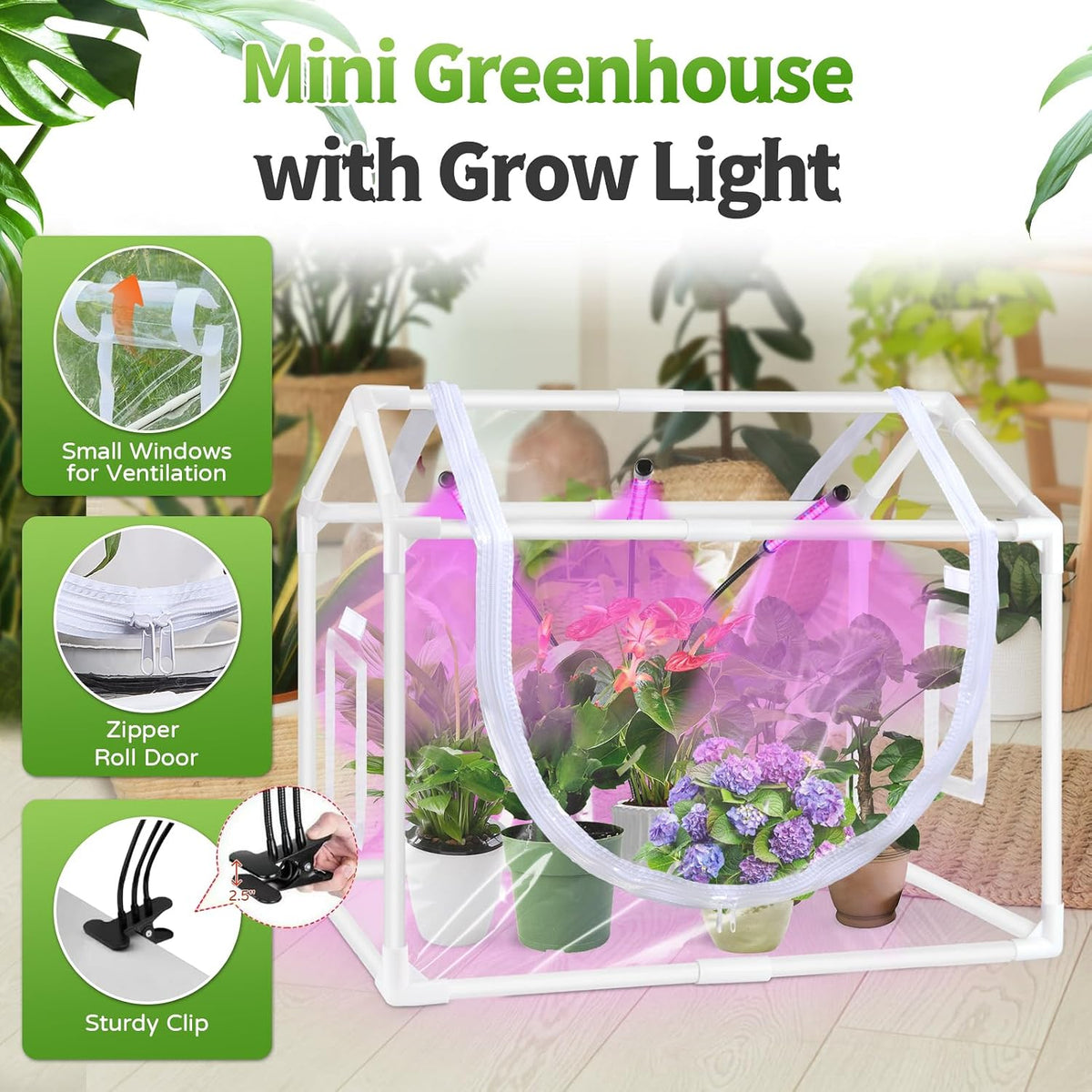 desktop mini indoor greenhouse with adjustable grow light, side view