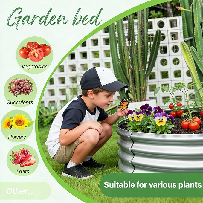 Round Galvanized Raised Garden Bed Kit, Round Galvanized Planter for Vegetables/Herbs/Flowers Heavy-Duty Steel Outdoor Water Trough (Silver, 3X3X1FT)