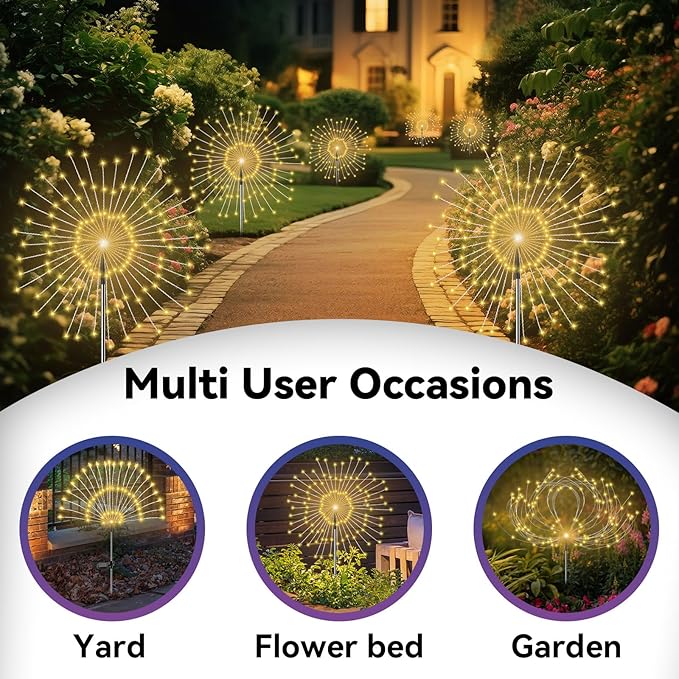 Garden Outdoor Lights, 2 Pack 120 LED Solar Garden Lights Fairy Lights Outdoor Waterproof Decorative Solar Firework Lights for Yard Patio Pathway Flowerbed Party Wedding Decor, Warm White