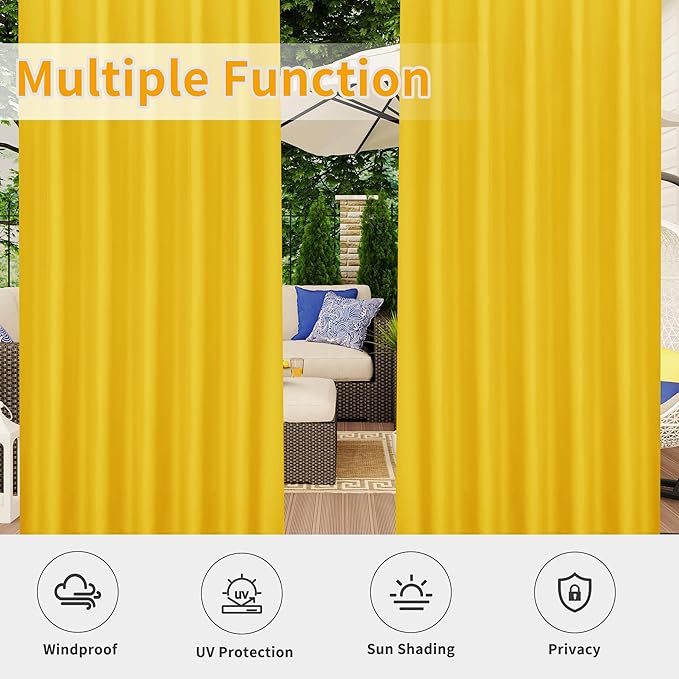 Easy-Going Outdoor Patio Curtains Detachable Tab Top Windproof Weatherproof Curtain for Cabana, Porch, Pergola and Gazebo, Tab Bottom Drape, 2 Panels, 54W x 84L inch, Yellow