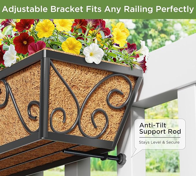 Y&M 30 Inch Window Deck with Coco Liner, Fence Metal Hanging Flower Planter Window Basket Deck Railing Planter Boxes for Outdoor Garden Lawn-Butterfly, 4pcs