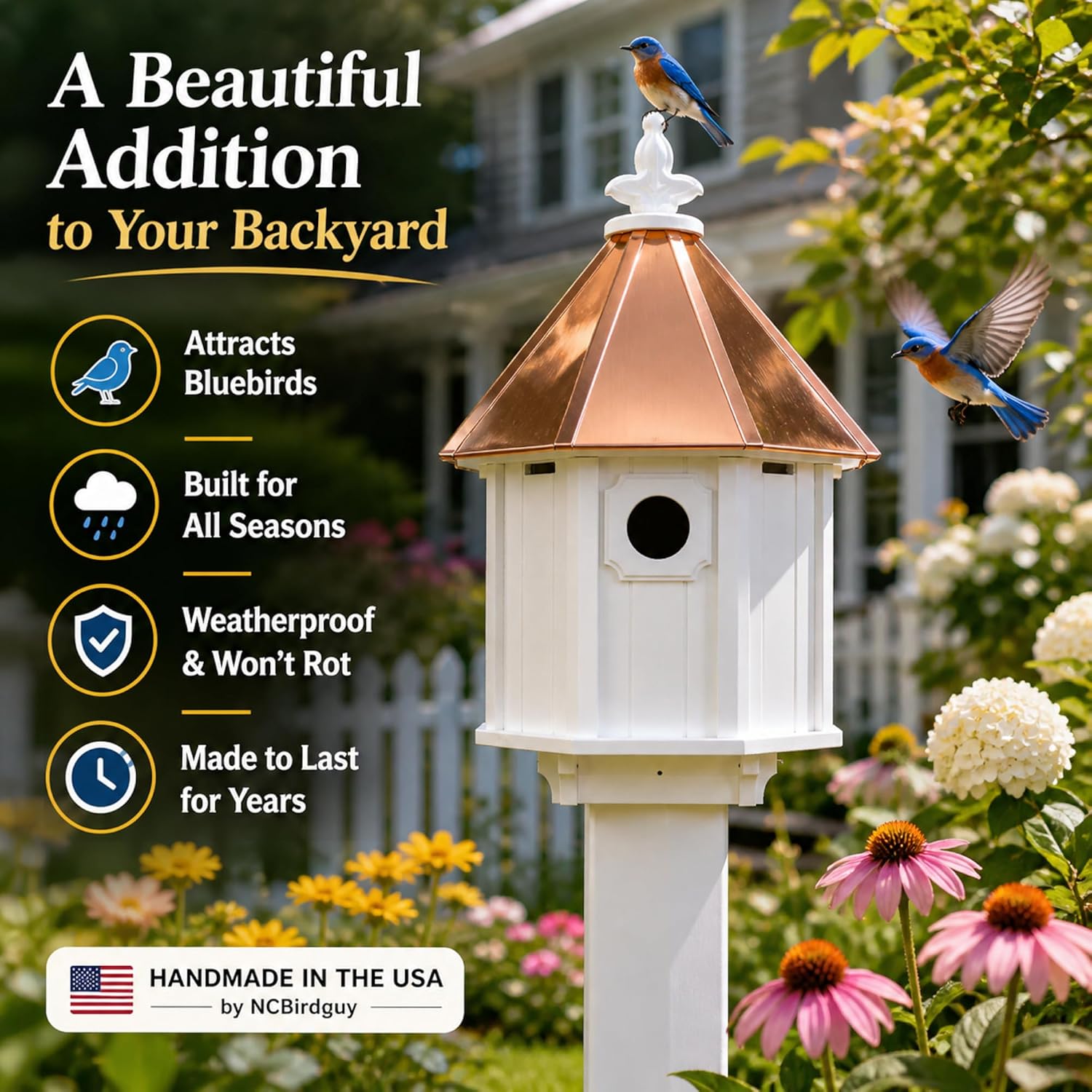 Bluebird Songbird Duplex Bird House, Copper Roof, Made in The USA (4" x 4" Mount)