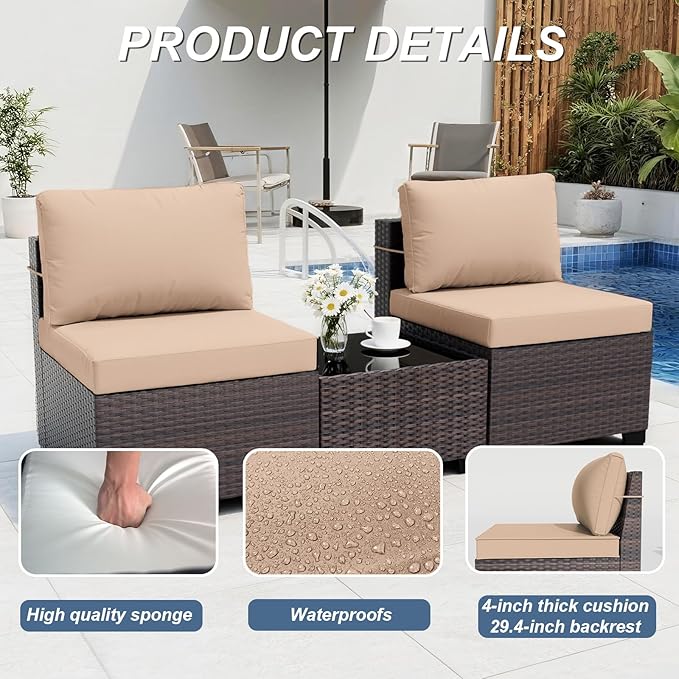 ALAULM Patio Furniture Set with Coffee Table, 9 Pieces Outdoor Sectional with Wide Seat and Thick Cushion, All Weather Wicker Rattan Conversation Set for Backyard, Garden, Deck, Sand