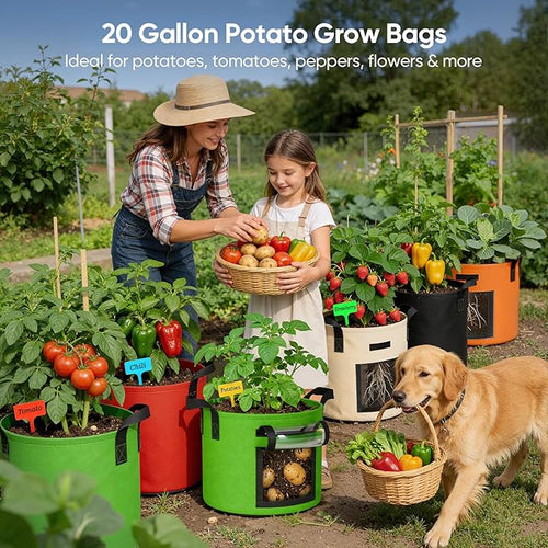 20 Gallon Potato Grow Bags: Set of 5 Colorful Gardening Supplies Fabric Pots with Harvest Window Reinforced Handles - Planting Container for Vegetable Tomatoes Carrot Flowers Balcony Patio Use