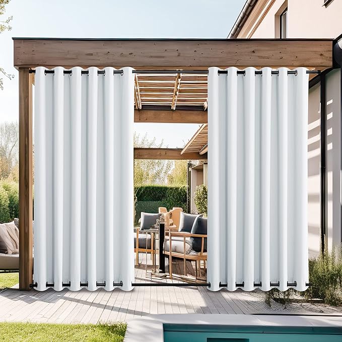NICETOWN Privacy Outdoor Curtains for Patio Waterproof 2 Panels, Thermal Insulated Light Reducing Cold & Heat Block Rustproof Top & Bottom Grommet Windproof for Balcony, Greyish White, W84 x L95