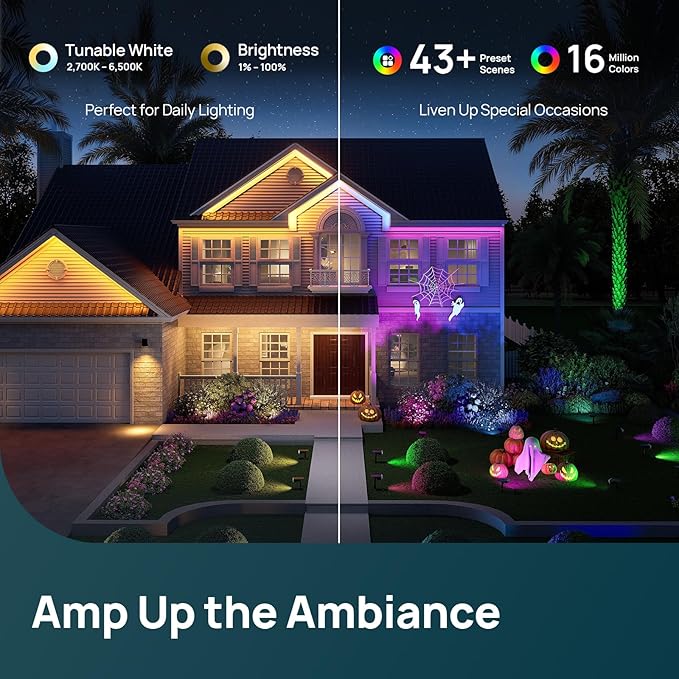 Linkind Smart Solar Spot Lights Outdoor SL5C, Solar Lights Outdoor Spotlight Cool/Warm White/Color Changing, APP/Voice Control, IP67 St. Patrick's Day Decorations for Yard, Garden, Pathway(2 Pack)