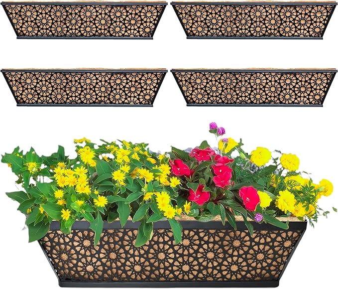 4 Pack 24" Railing Planter Window Box Deck Balcony Rail Planter Black Metal Flower Basket Horse Trough Planter with Coco Fiber Liner for Porch Fence Patio Outdoor