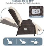 Outdoor Indoor Wicker Recliner with Adjustable Back and Footrest, Patio Reclining Chair with Flip-up Table, Outdoor Rattan Lounge Chair, Beige 2PCS
