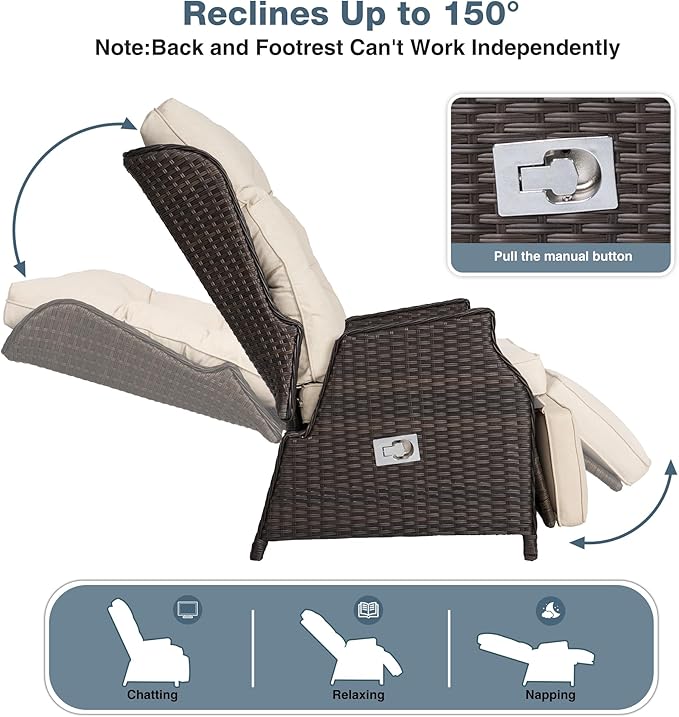 Outdoor Indoor Wicker Recliner with Adjustable Back and Footrest, Patio Reclining Chair with Flip-up Table, Outdoor Rattan Lounge Chair, Beige 2PCS