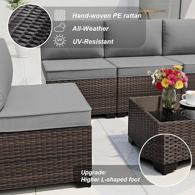 ALAULM 10 Pieces Patio Furniture Set with Propane Fire Pit Table Outdoor Sectional Sofa Sets Patio Furniture 43" Gas Fire Pit Brown PE Rattan Patio Conversation Set w/8 Seat Cushions (Grey)