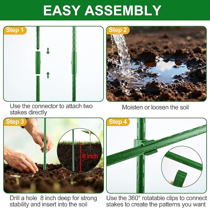WAENLIR 16 Inch 48 Pack Extendable Garden Stakes Kit, DIY 4ft 5ft 6ft 7ft 8ft Plant Support Stakes with Connectors and Clips, Plastic Coated Metal Sticks for Tomato Indoor Outdoor