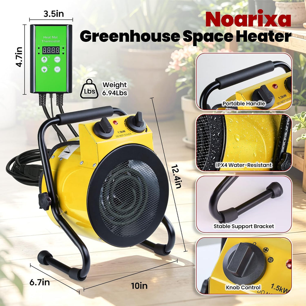 greenhouse heater with thermostat, electric outdoor heaters, yellow shown in use