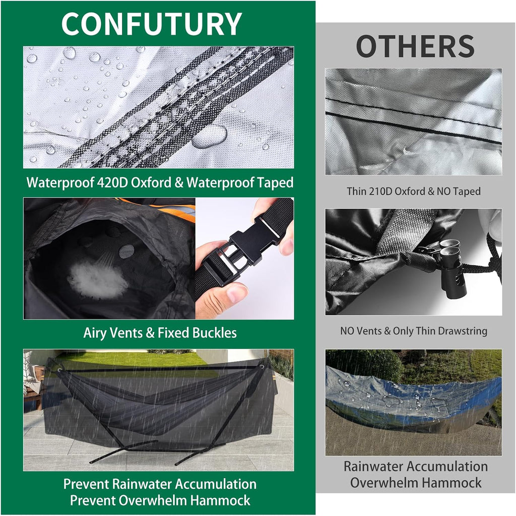 Hammock Covers Waterproof Outdoor 420D for 10-12 ft Stand | 420D Oxford, Fully Taped Seams, 3 Windproof Buckles, 2 Air Vents, Reflective Handle, 1 Elastic Cord, for Patio Garden