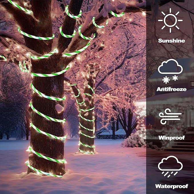 Jnaurb Christmas Candy Cane Lights, 66ft 480 LED Connectable Flexible White & Green Candy Cane Rope Lights for Outside, 8 Modes Waterproof LED Christmas Light for Garden Patio Tree Holiday Party Decor