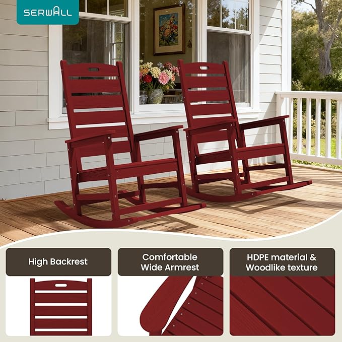 SERWALL Outdoor Rocking Chair Set of 4, Oversized HDPE Patio Rocking Chair with Footrest for Adults, All Weather Porch Rocker for Deck Patio Balcony, Red