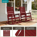 SERWALL Outdoor Rocking Chair Set of 4, Oversized HDPE Patio Rocking Chair with Footrest for Adults, All Weather Porch Rocker for Deck Patio Balcony, Red