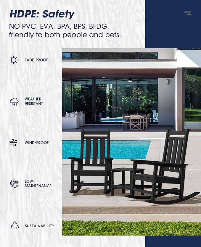 KINGYES Oversized Outdoor Rocking Chair Set of 8, All-Weather Patio Rocking Chairs for Porch, HDPE Outdoor Patio Rockers with High Back & Wide Seat for Garden, Lawn, Black
