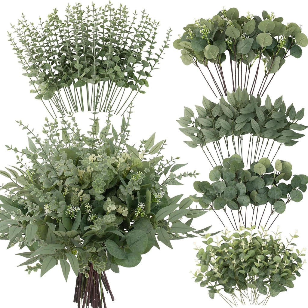 lovemoon 130 pcs mixed eucalyptus stem, artificial greenery shown in use