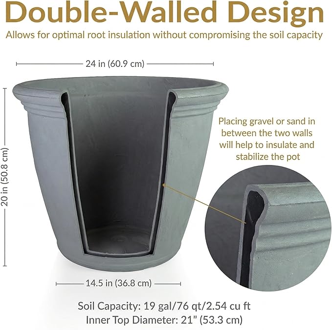 Sunnydaze 24-Inch Anjelica Large Plastic Pot for Plants - Outdoor Double-Walled Large Plastic Planter with Drillable Drainage Holes - Light Gray