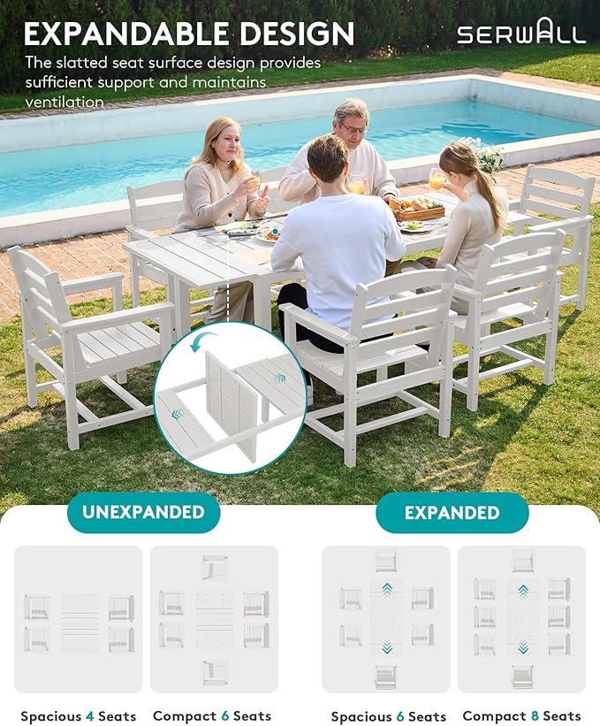 SERWALL 9-Piece Outdoor Dining Set, 60" - 83" Expandable Outdoor Dining Table and 8 HDPE Chairs, All Weather HDPE Outdoor Furniture Set for Backyard, Garden, White