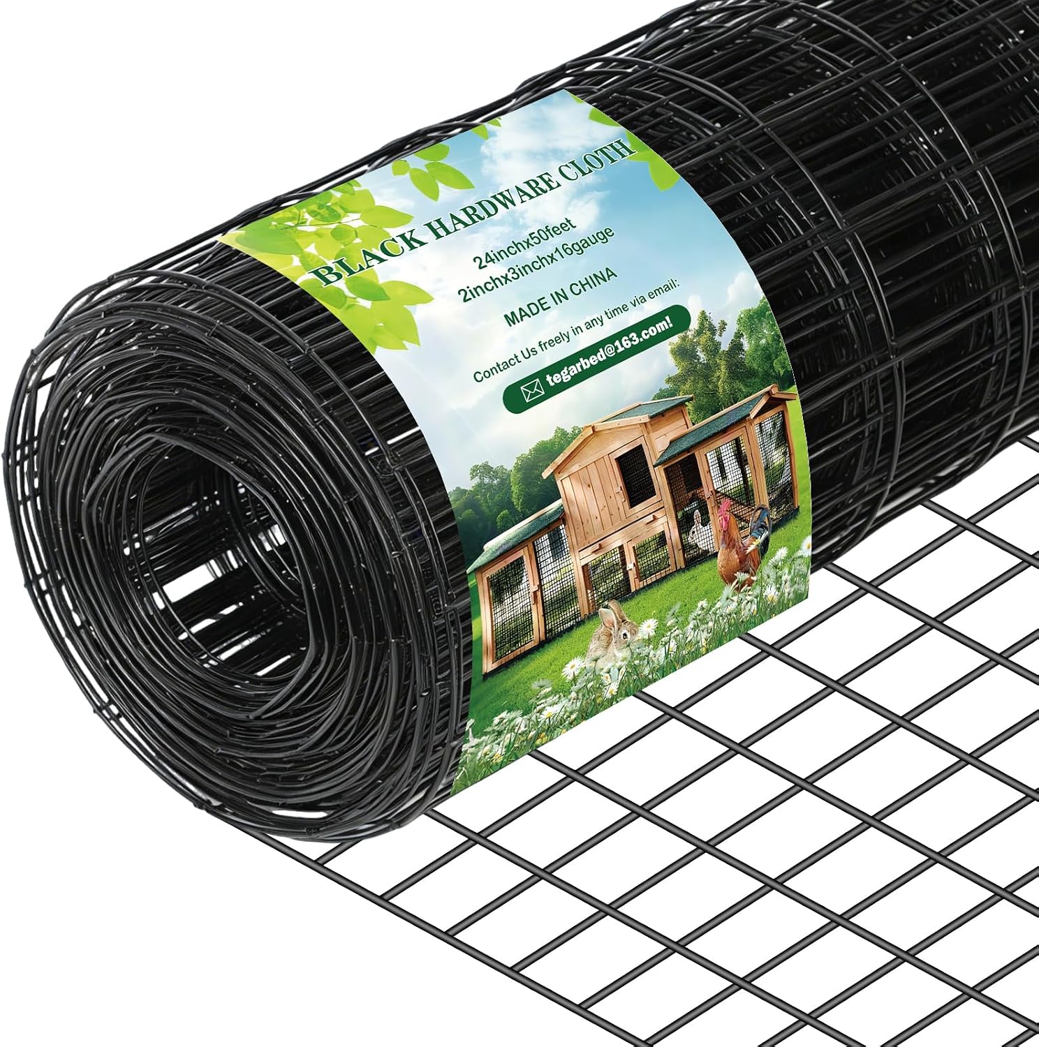 Black Hardware Cloth 2 x 3inch, 24in x 50ft 16 Gauge, PVC Coated Galvanized Steel Chicken Wire Fence Roll Garden Plant Welded Metal Wire Fencing Roll, Rabbit Cages Snake Fence,Black