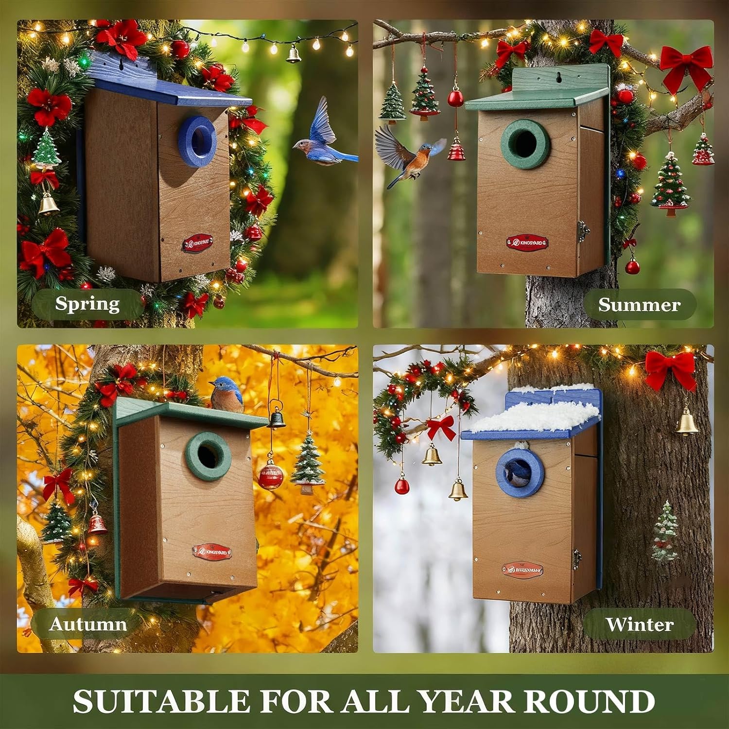 Kingyard Bluebird House, Outdoor Bird House with Predator Guard | Recycled poly lumber nesting box with a 1.5-inch entrance hole, clear viewing panel, bottom ventilation holes