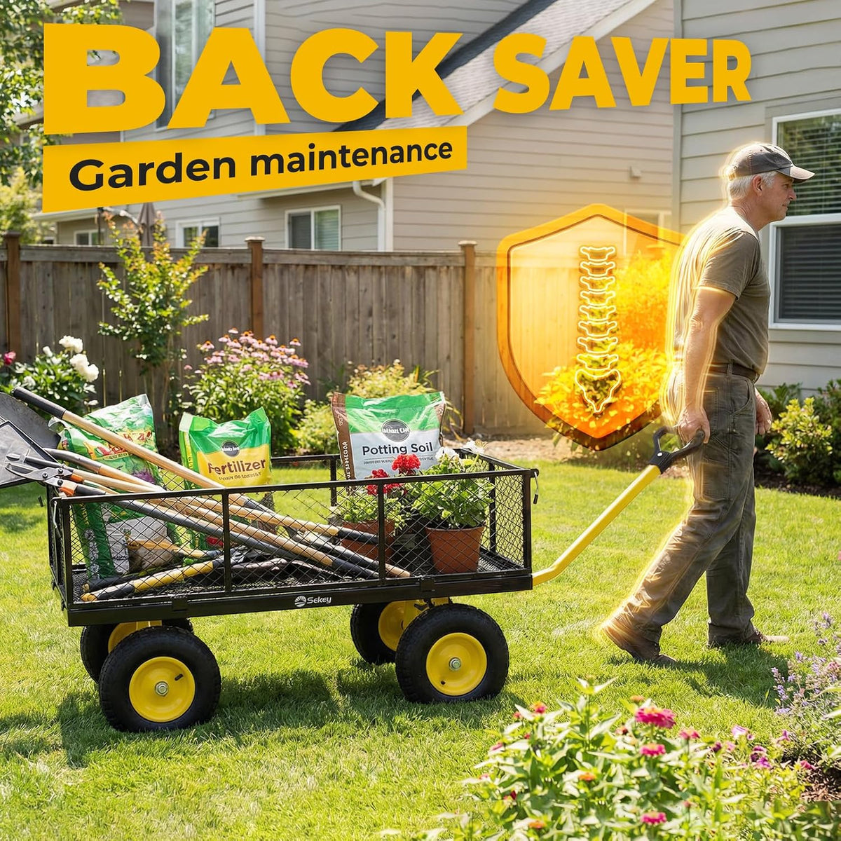 sekey 7.7 cu ft steel garden cart, 1400 showing dimensions