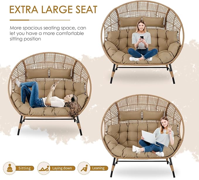 NICESOUL® Double Egg Chair Indoor Outdoor Stationary Oversized Thicken Padded Cushions,2 Person Egg Loveseat Chair, 680 lbs Extra Large Lounge Chair for Patio Balcony Porch Brown