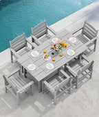 SERWALL Outdoor HDPE Dining Table Set, 7-Piece Outdoor Dining Table Sets with Umbrella Hole Cut-Out Table and 6 Chairs, Light Gray