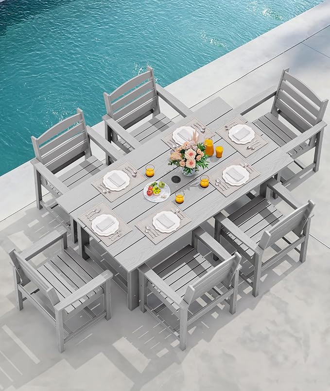 SERWALL Outdoor HDPE Dining Table Set, 7-Piece Outdoor Dining Table Sets with Umbrella Hole Cut-Out Table and 6 Chairs, Light Gray