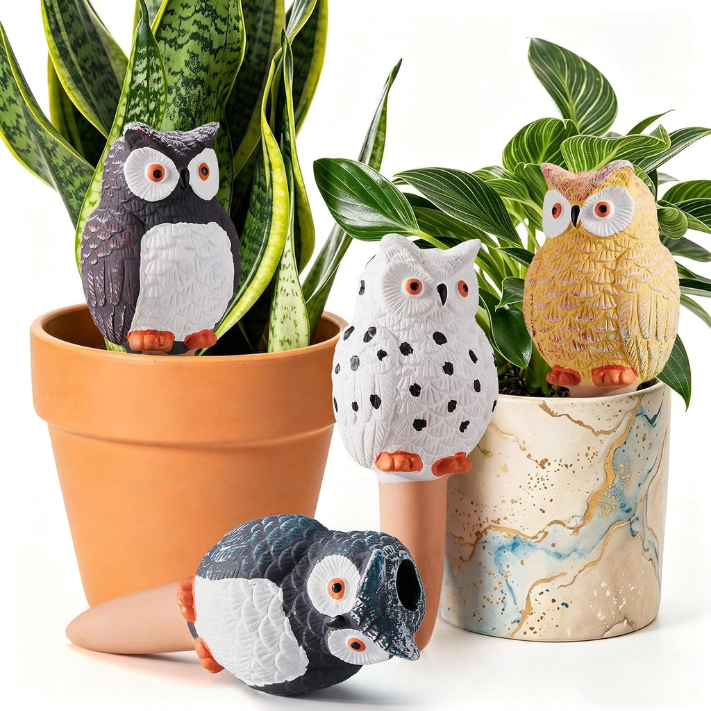 Yeswhat Self Watering Plant Spikes 4 Pack, Terracotta Owl Automatic Plant Waterer for Indoor Outdoor Plants, Slow Release Watering Stakes, Vacation Watering Devices for Potted Plants Garden Decor