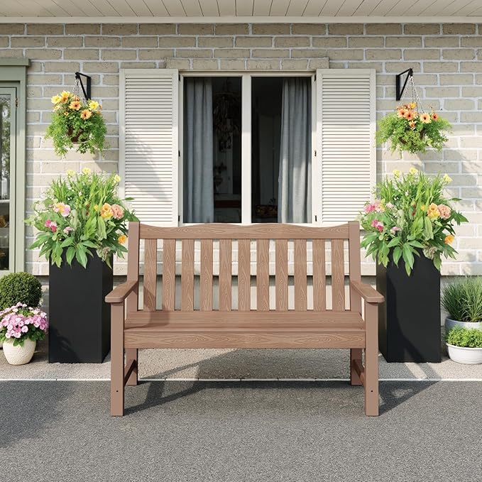 Stoog All-Weather Outdoor Bench, 2-Person Poly Lumber Garden Bench with 800lb Capacity, Never Fade & Rust-Proof, for Backyard, Patio, Deck, and Porch, Teak