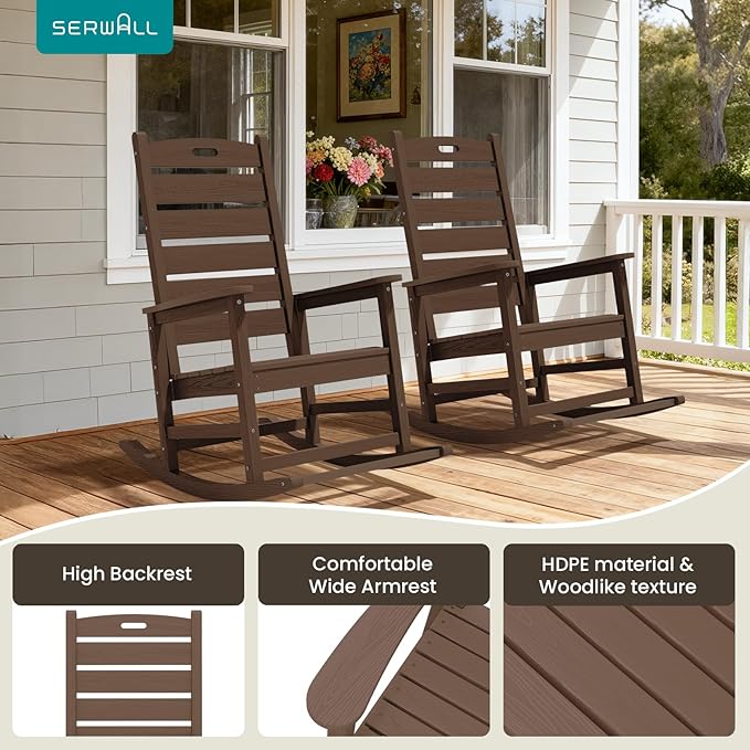 SERWALL Outdoor Rocking Chair, Oversized Rocking Chair with Footrest for Adults, HDPE All Weather Resistant Rocking Chairs for Patio, 350lbs Weight Capacity, Brown