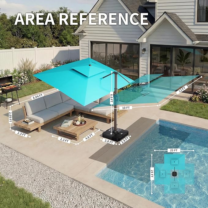 10 X 13 FT Cantilever Patio Umbrella with LED Lights Outdoor Heavy Duty Double Top Windproof Rectangle Offset Umbrellas with 360-degree Rotation for Pool Deck Backyard, Turquoise