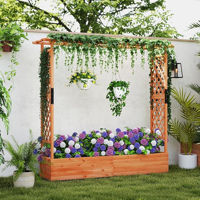 Giantex Set of 2 Raised Garden Bed with Trellis & Hanging Roof, Wood Planter Box with Bottom and Drainage Holes, Freestanding Garden Planter for Flower Vegetable Fruit Herb Climbing Vines, 77"x17"x72"