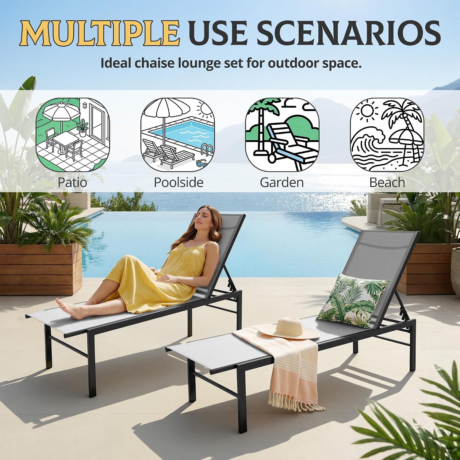 Chaise Lounge Chair Outdoor, Patio Lounge Chair with Adjustable 5-Position, Pool Lounge Recliner Chairs for Outside, Beach, Yard,Gray