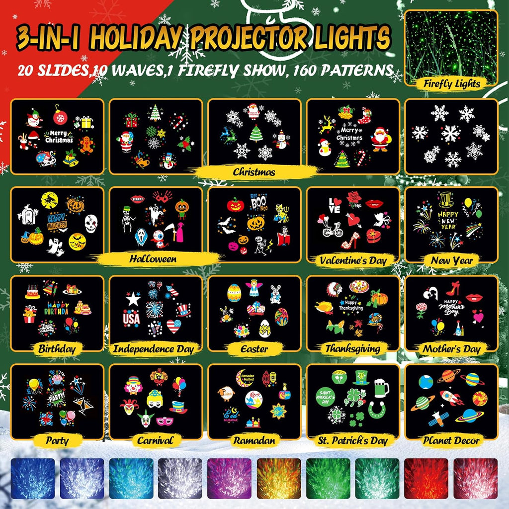 Christmas Projector Lights Outdoor with Ocean Wave & Firefly Light, 20 Slides/160 Patterns Holiday Projection Lights Indoor with Remote & Timer, Waterproof Light Projector Christmas Decorations