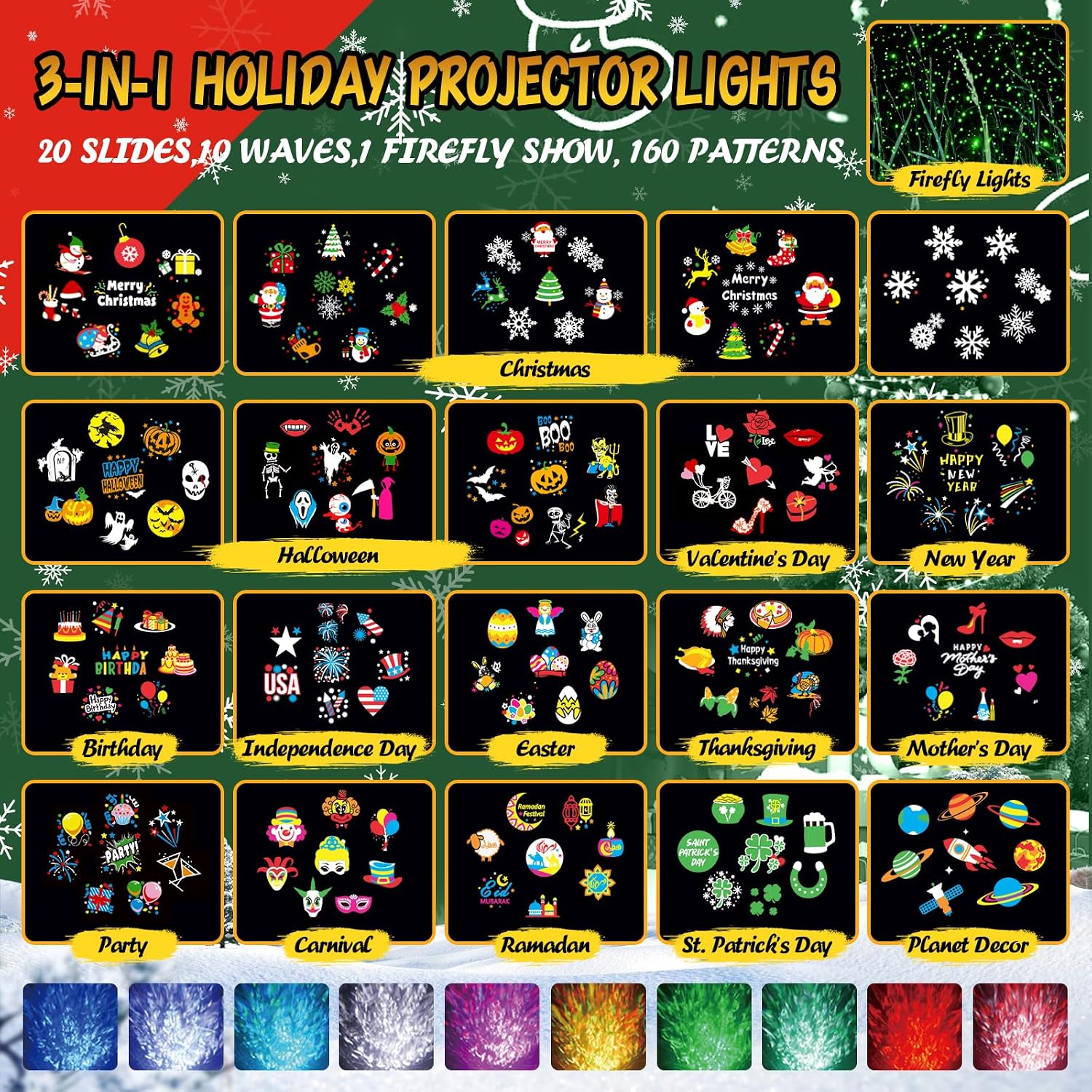Christmas Projector Lights Outdoor with Ocean Wave & Firefly Light, 20 Slides/160 Patterns Holiday Projection Lights Indoor with Remote & Timer, Waterproof Light Projector Christmas Decorations