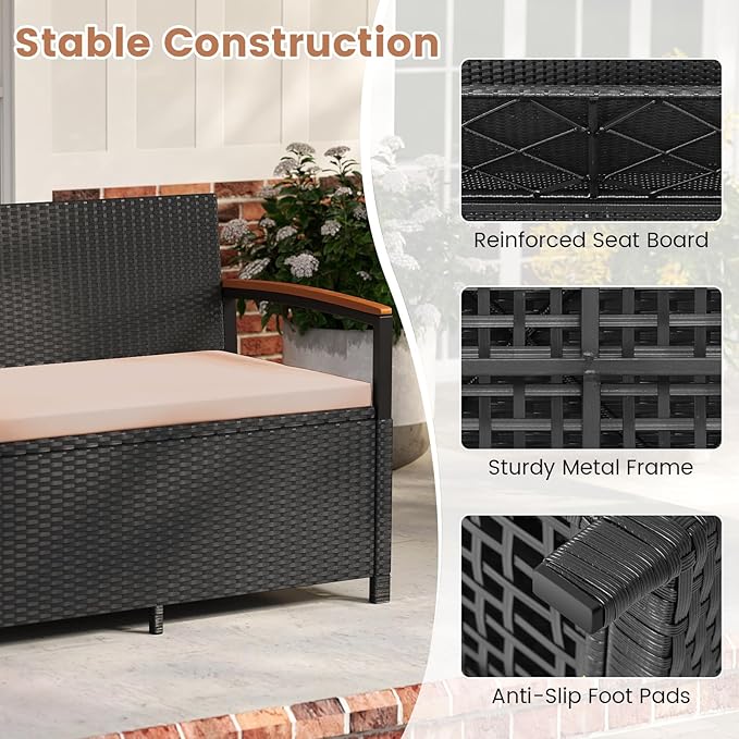 Tangkula 46 Gallon Outdoor Bench with Storage, Outdoor PE Rattan Storage Bench with Cushion, Backrest & Acacia Wood Armrests, Metal Frame, Waterproof Deck Box Seat for Porch Backyard Poolside