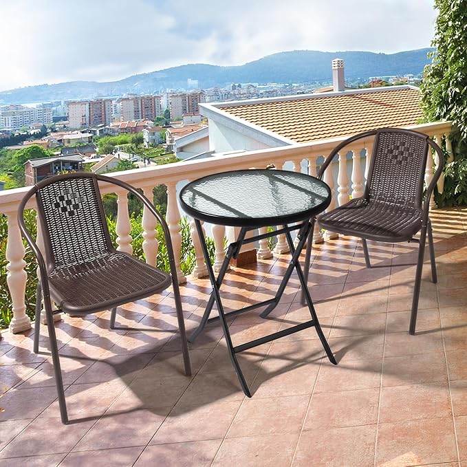 VINGLI PE Rattan Outdoor Dining Chairs Set of 4, Plastic Stackable Patio Chairs for Indoor, Porch, Restaurant, Garden, Brown
