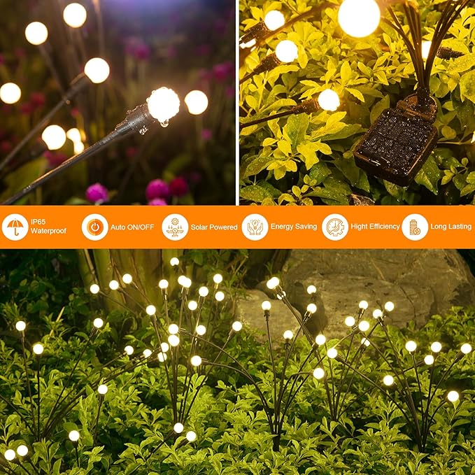 ASMAD Solar Lights Outdoor(2 Pack-16 LEDs), Solar Garden Lights, Outdoor Decorations, Firefly Light for Patio Decor, Big Bulb, Unique Gifts for Women, Gifts for Grandma