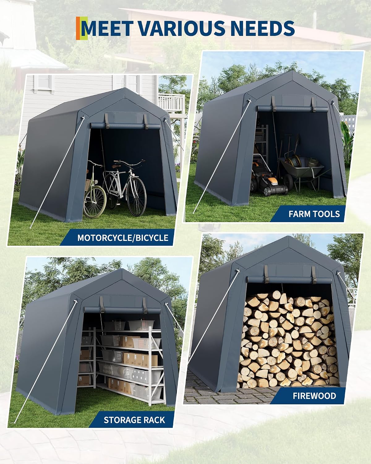 garveelife portable outdoor storage shed with roll-up zipper, side view