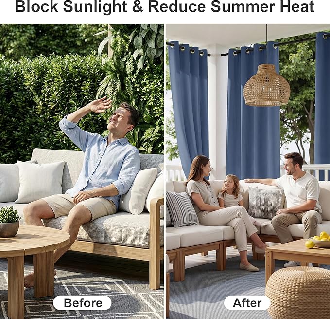 RYB HOME Outdoor Curtains for Patio Waterproof Block Sunlight Thermal Insulated Privacy Assured Thick Outside Curtains for Porch, Gazebo, Pergola, W84" x L84", Stone Blue, 1 Panel