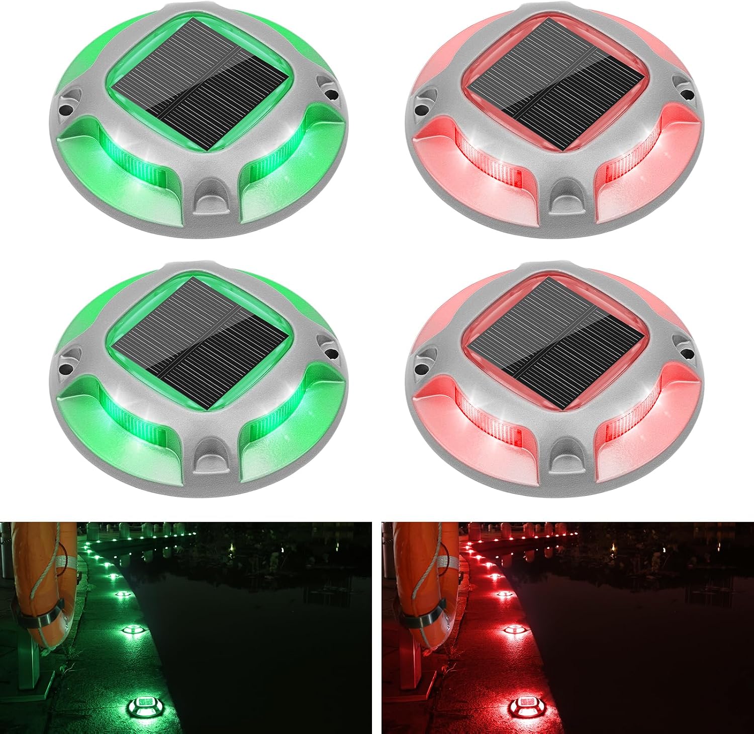 VOLISUN Solar Driveway Marker Lights Dock Marine Led Deck Outdoor 4 Pack | 2 Colors in 1,Solar Powered Waterproof Warning Step Lights for Pathway Garden Sidewalk(White/Warm White)
