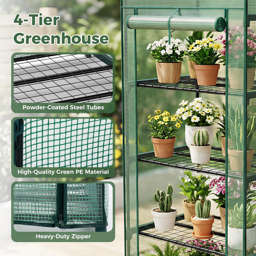 newbulig 27"x19"x63" mini greenhouse, with durable zipper door showing dimensions